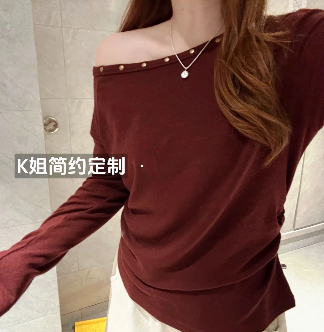 GTNER“KK定制”早秋新款铆钉斜肩T恤时尚宽松显瘦长袖打底衫D2035