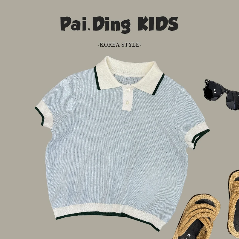 夏装儿【兔小呗】童韩版时尚撞色封边冰丝清凉翻领短袖T恤SJ5540