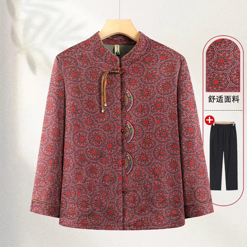 奶奶秋装新中式唐装衬衫外套长袖薄款宽松大码老太太气质开衫上衣