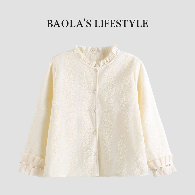 纳斯【高定】清新简约女童春季纯色立体小花珍珠长袖衬衫-LC174