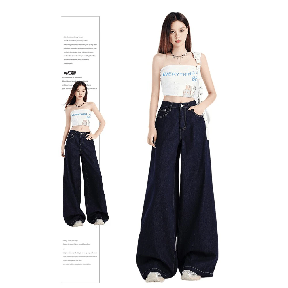 阔腿牛仔裤女款爆款2025年秋冬新款裤子高腰深蓝色加绒秋冬
