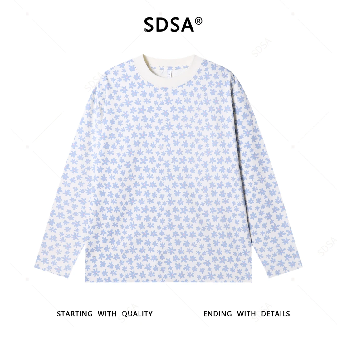 SDSA男士秋冬新款轻奢痞帅男装韩版满印植物花卉印花圆领长袖T恤
