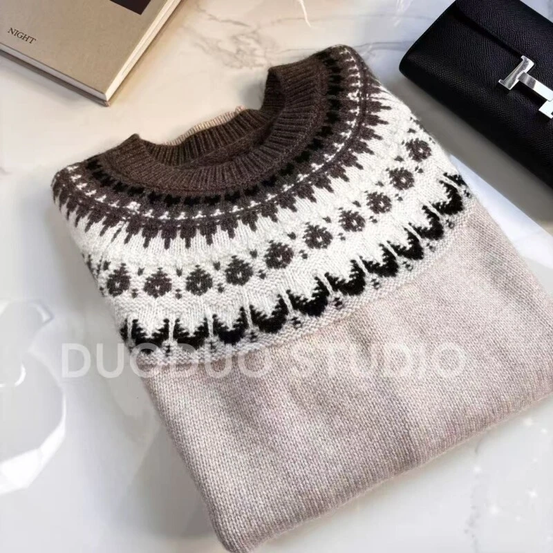 【多多还是多多】美式复古圆领提花费尔岛秋冬羊毛羊绒套头衫3070