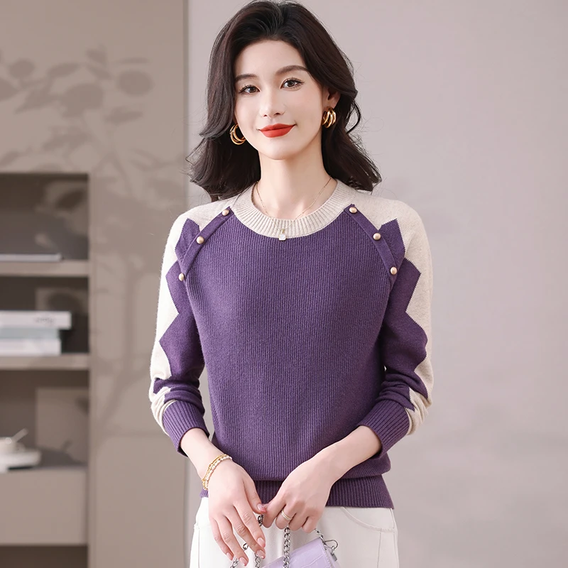 时尚洋气春秋新款宽松百搭圆领显瘦高档简约女气质年龄套头毛衣