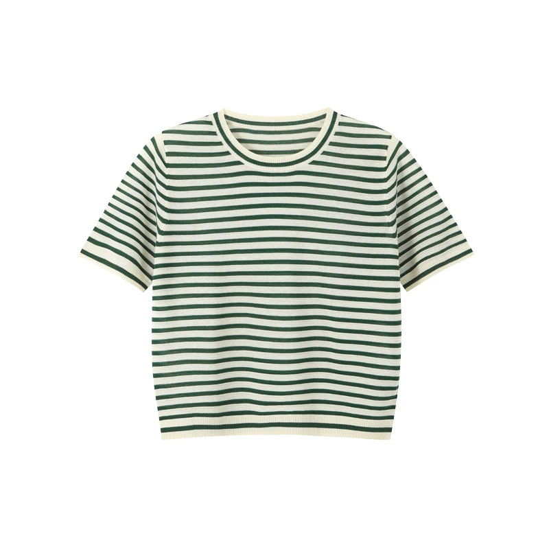 【薄荷条纹】本依凡夏季女短袖针织衫WESZZ0029偏合体O型套头衫条纹