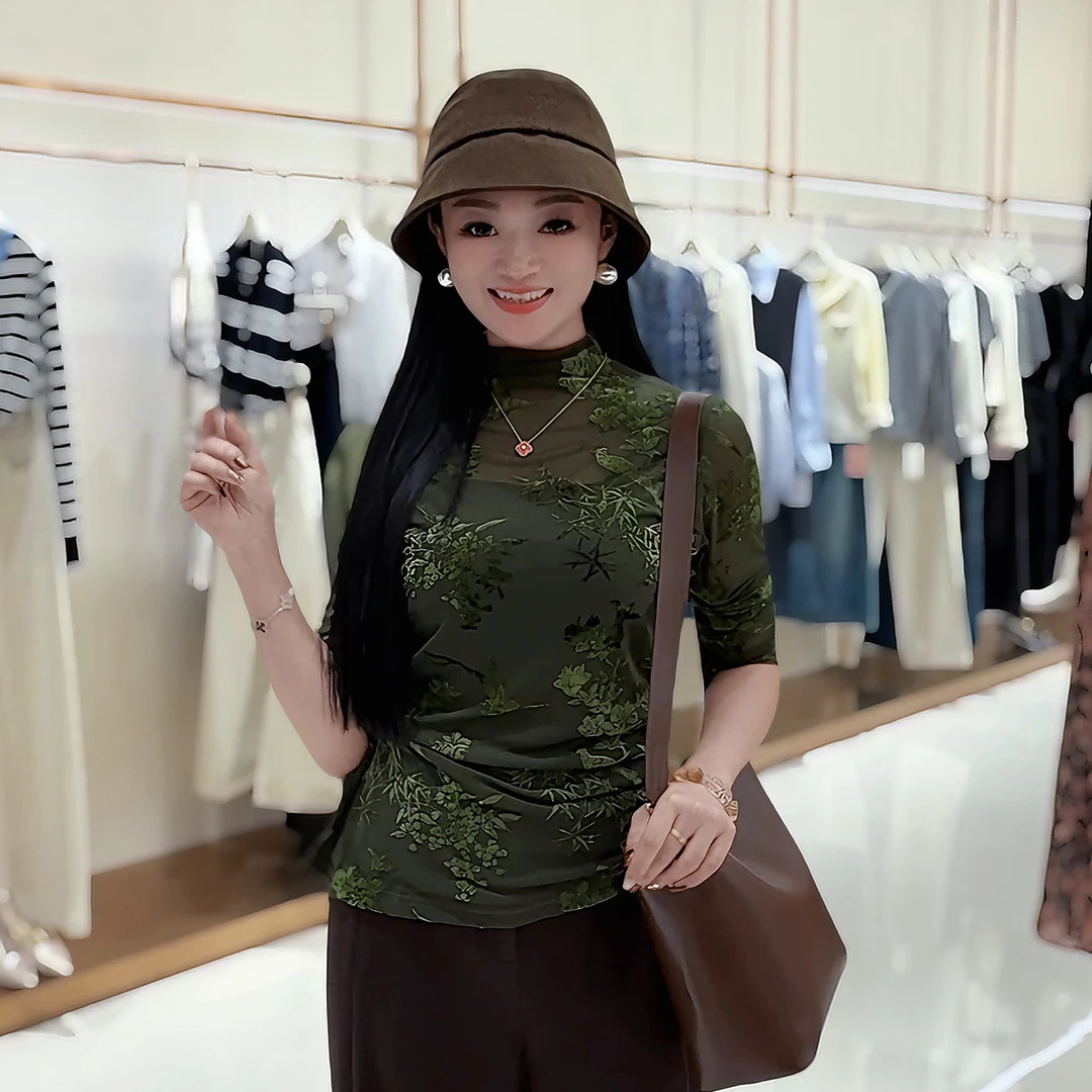 25375821柚盐时尚半高领长袖植绒修身女人味显瘦纱衣