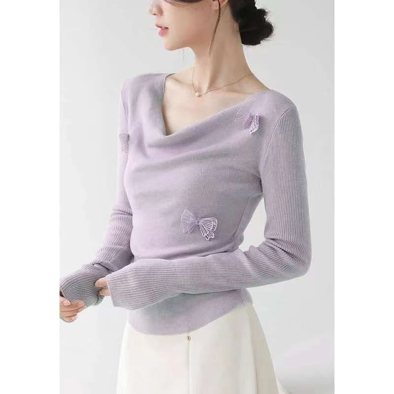 韩系荡领立体蝴蝶针织衫2025春夏新款温柔修身洋气内搭针织上衣潮