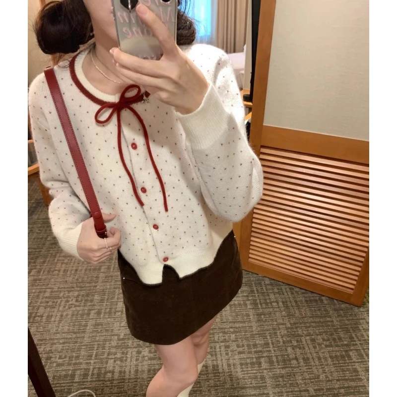 【大码】711甜美波点蝴蝶结针织衫女软糯毛衣慵懒宽松上衣