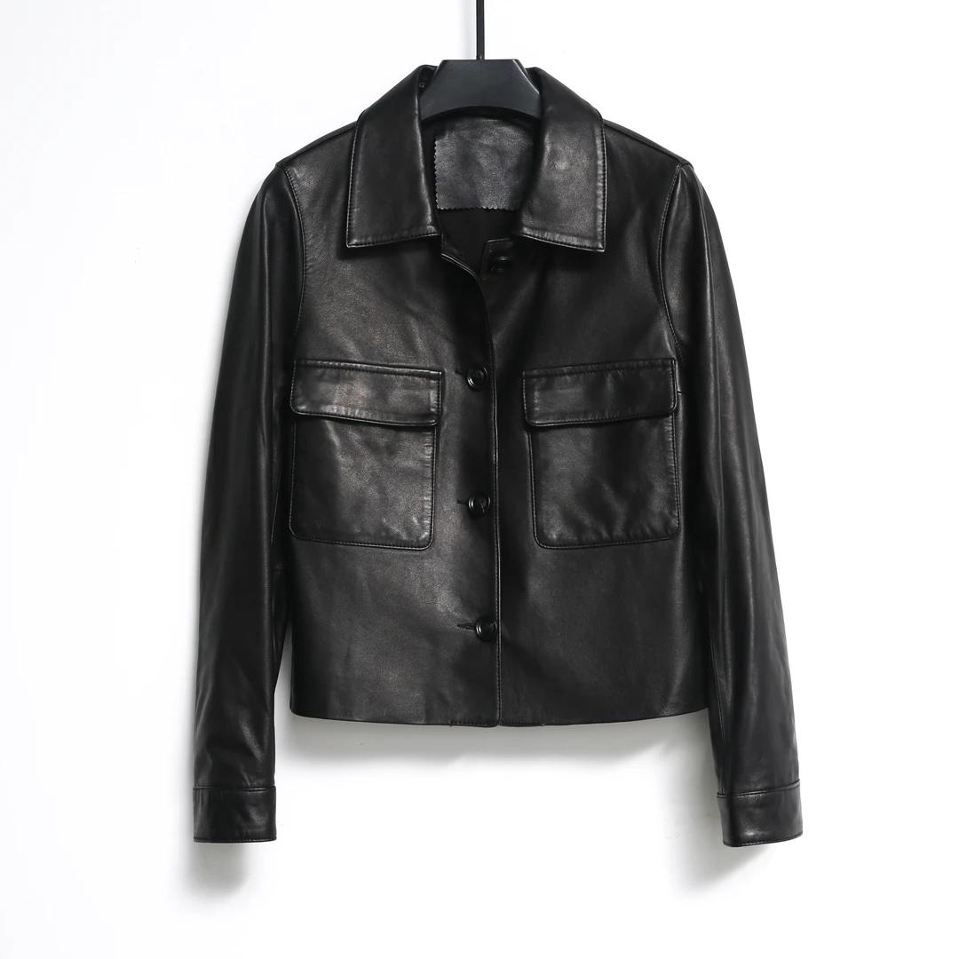 612黑色海宁春秋季新款植鞣绵羊皮翻领网红上衣百搭休闲短款真皮