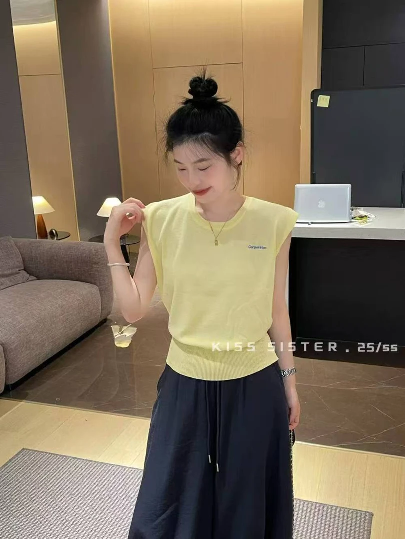 夏季韩系圆领后背细带小飞袖针织衫女设计感时尚百搭chic上衣