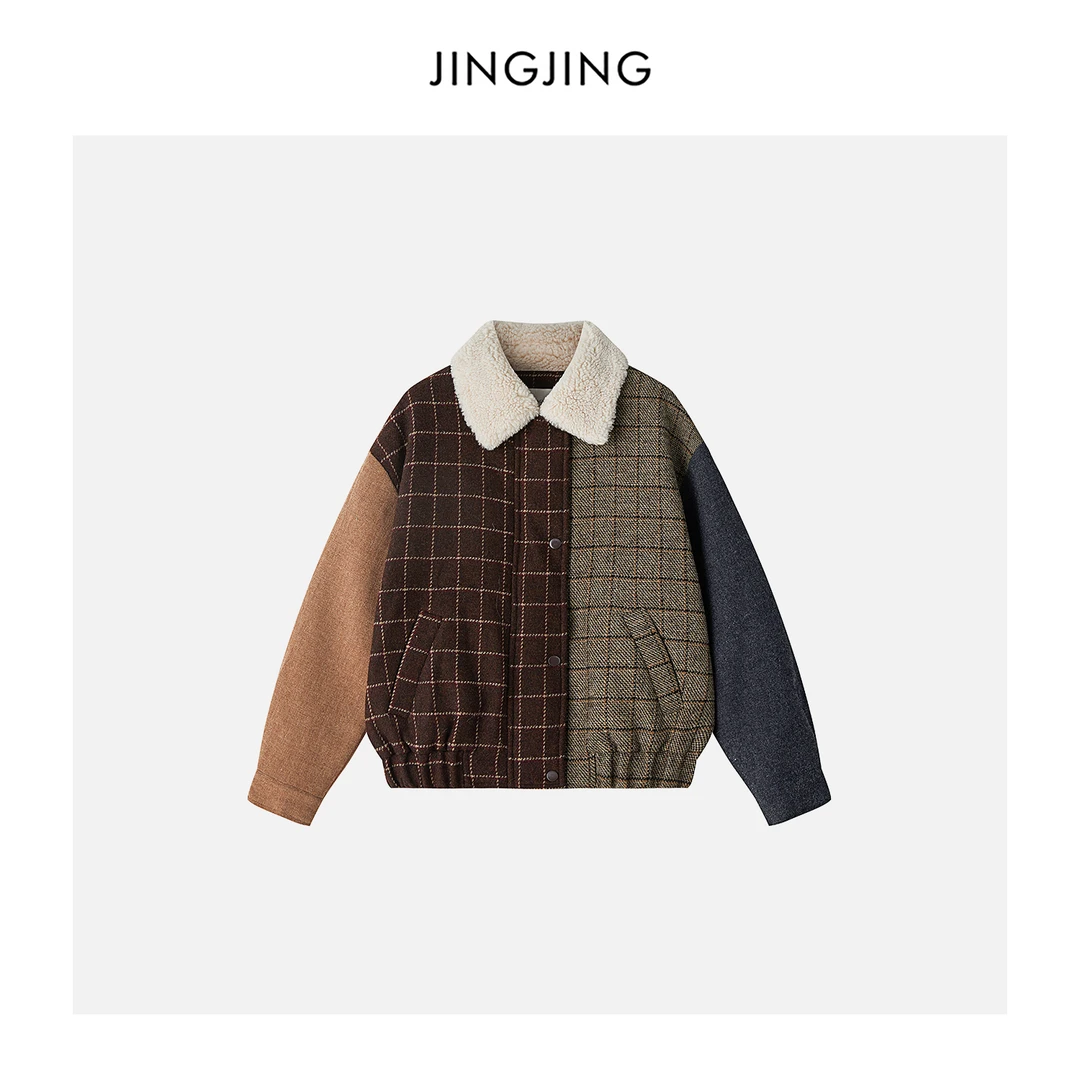 JINGJING2025新款“纽约时报”复古系撞色格纹拼接毛翻领羊毛外套