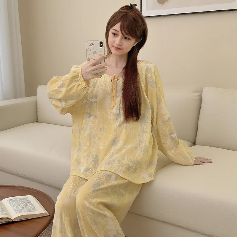 带胸垫长袖睡衣女秋季2025新款琉璃黄套装甜美可外穿家居服