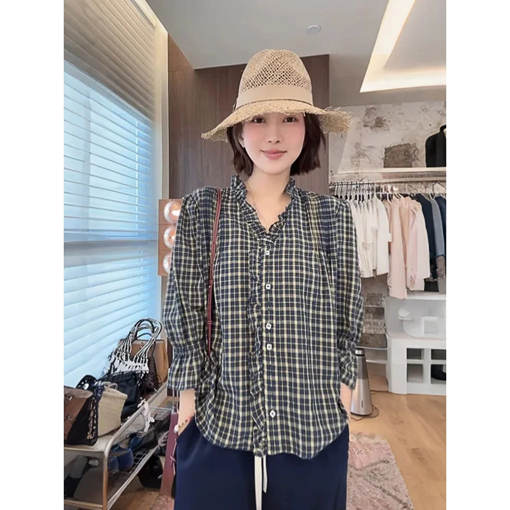 【MGDM】复古格纹中长袖衬衫重工设计感上衣木耳边薄款防晒衬衣女