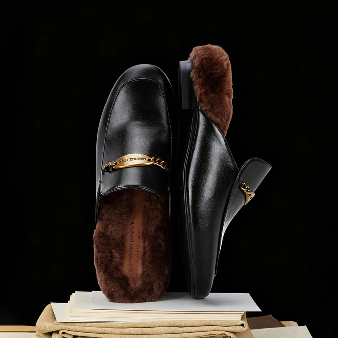 真皮法式粗跟包头拖鞋女毛毛鞋2025秋冬新款英伦风加绒保暖穆勒鞋
