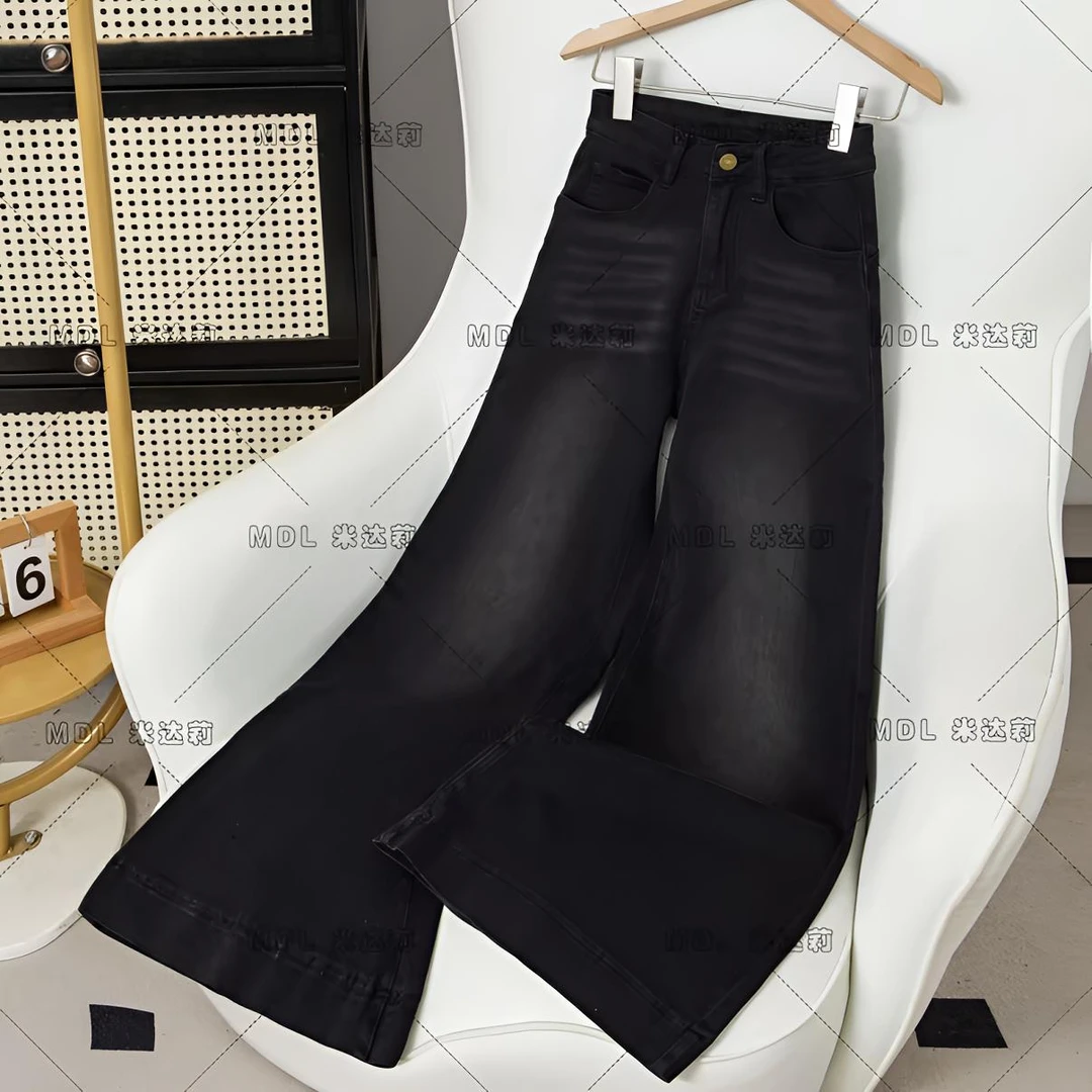 高腰宽松微喇刺绣牛仔裤秋季不贴腿宽松弹力显瘦时尚百搭拖地裤