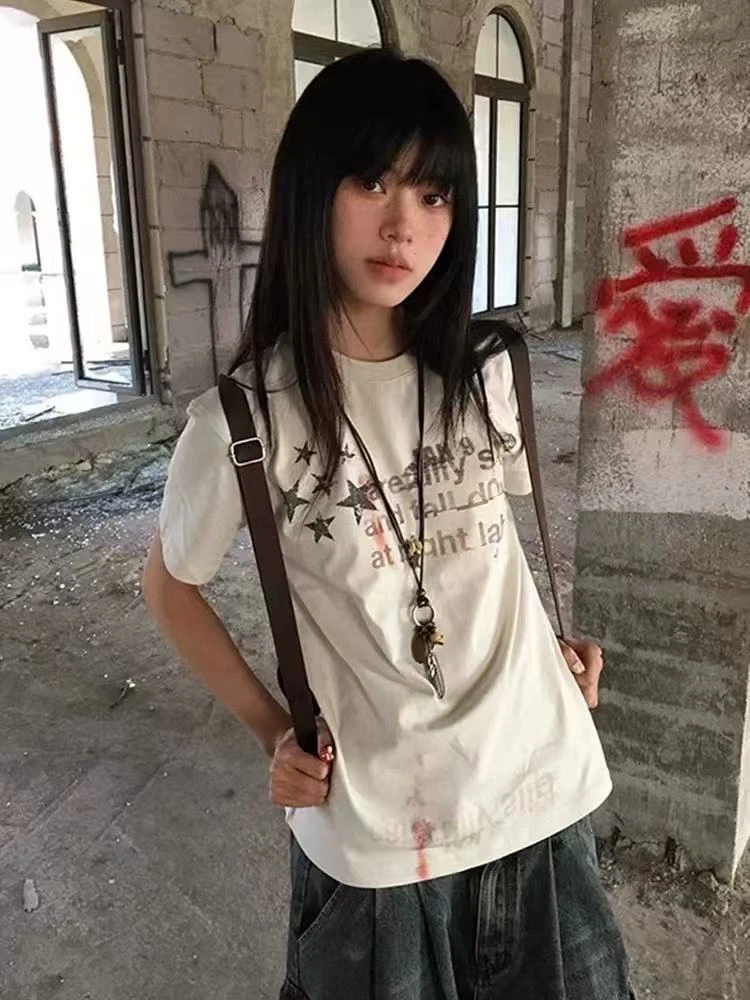 美式复古亚文化正肩短袖T恤女夏季新款星星字母印花短款显瘦上衣