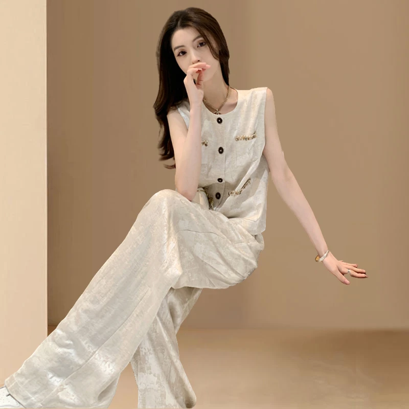 小香风休闲套装女2025年夏季新款洋气休闲无袖上衣阔腿裤两件套潮