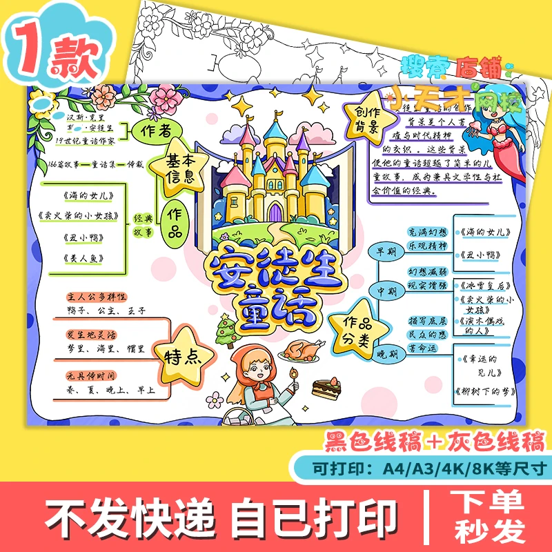 安徒生童话故事思维导图手抄报三年级阅读小报线稿f605