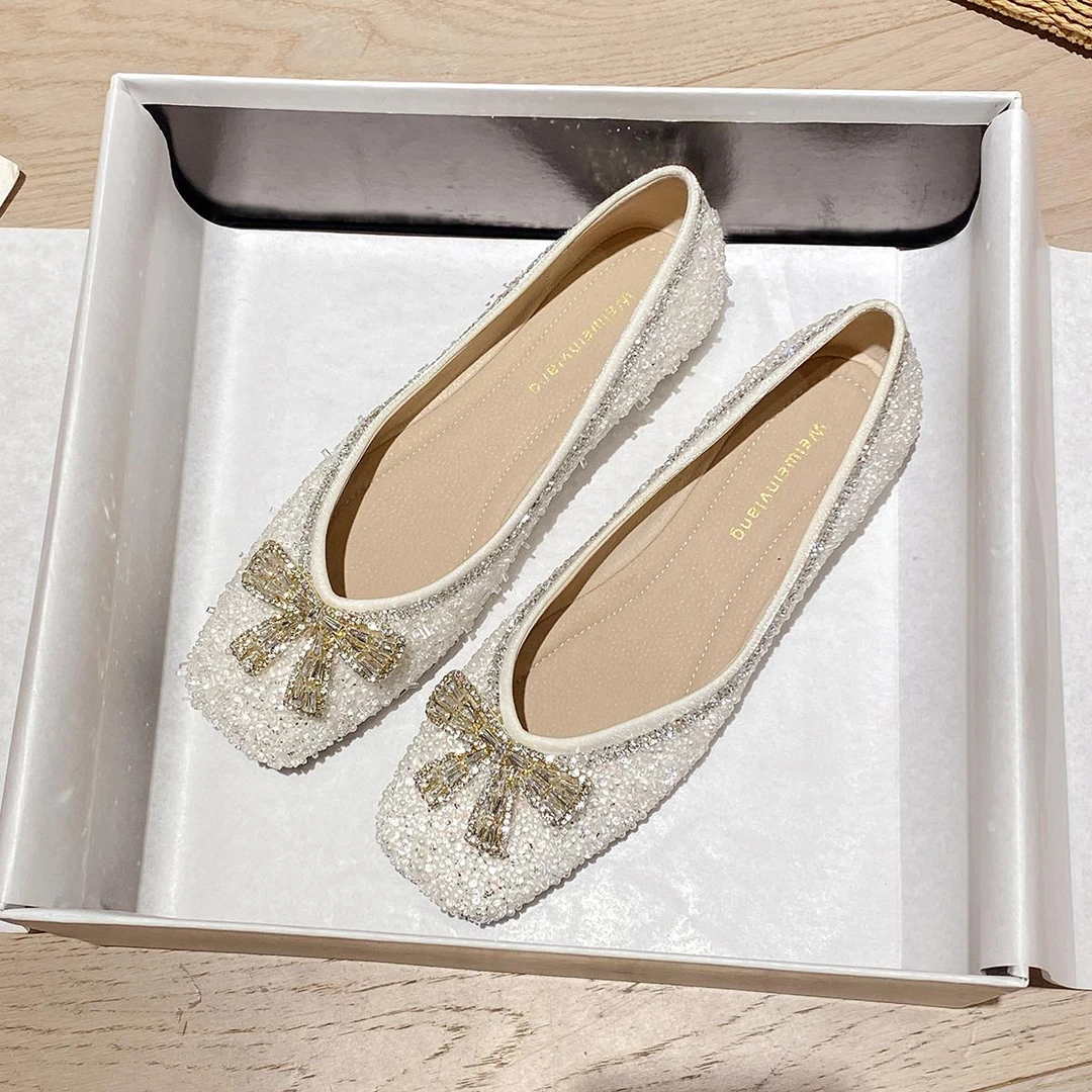 【维米克设计师版】水钻蝴蝶结晚晚风温柔方头平底单鞋法式订婚鞋