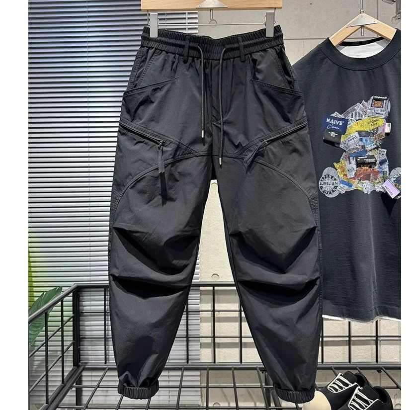 秋季黑色休闲裤男潮流百搭抽绳束脚裤美式痞帅工装裤潮牌速干裤