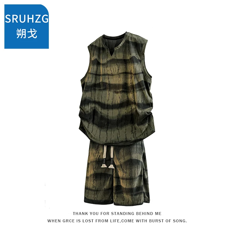 SRUHZG冰丝凉感速干套装男款夏季时尚条纹扎染背心休闲短裤两件套
