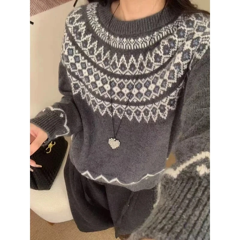 552北欧风费尔岛复古圆领提花羊毛针织毛衣套头衫