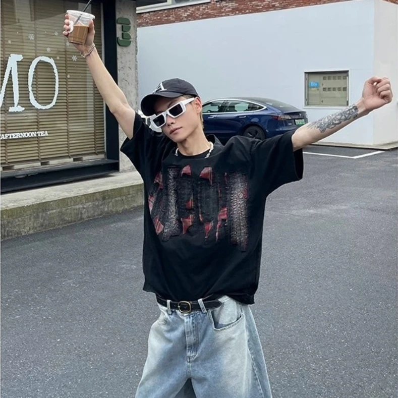重磅小众割破拼接做旧短袖t恤男美式设计感半袖t百搭五分袖体恤
