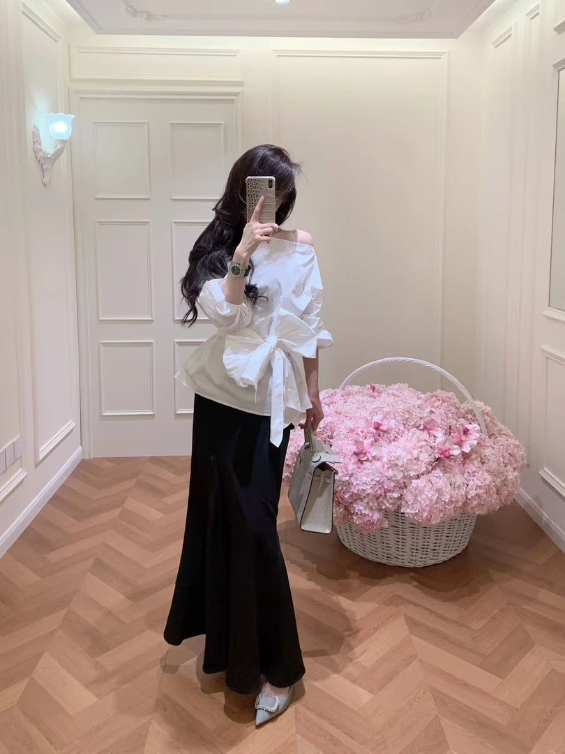 2025秋季新款韩系气质许妍穿搭白衬衫一字肩泡泡袖黑色鱼尾半身裙