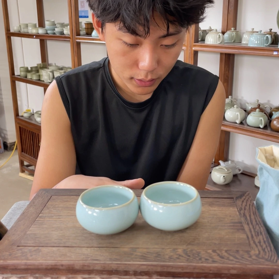 瓷片天青大圆禅定一对