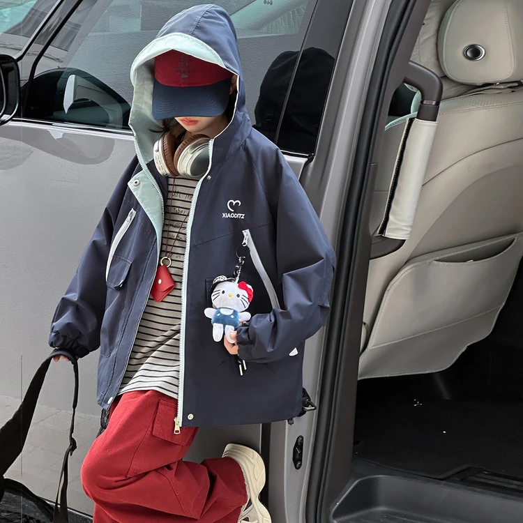 女童冲锋衣外套春秋2025新款儿童休闲连帽上衣中大童秋季拼色衣服