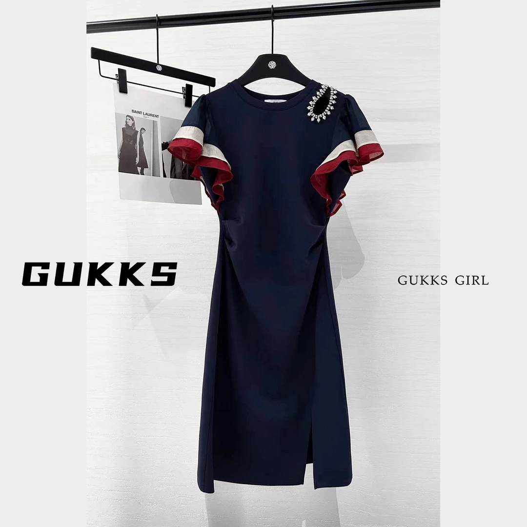 GUKKS气质高定串钻镂空捏褶连衣裙百搭修身款设计GK245