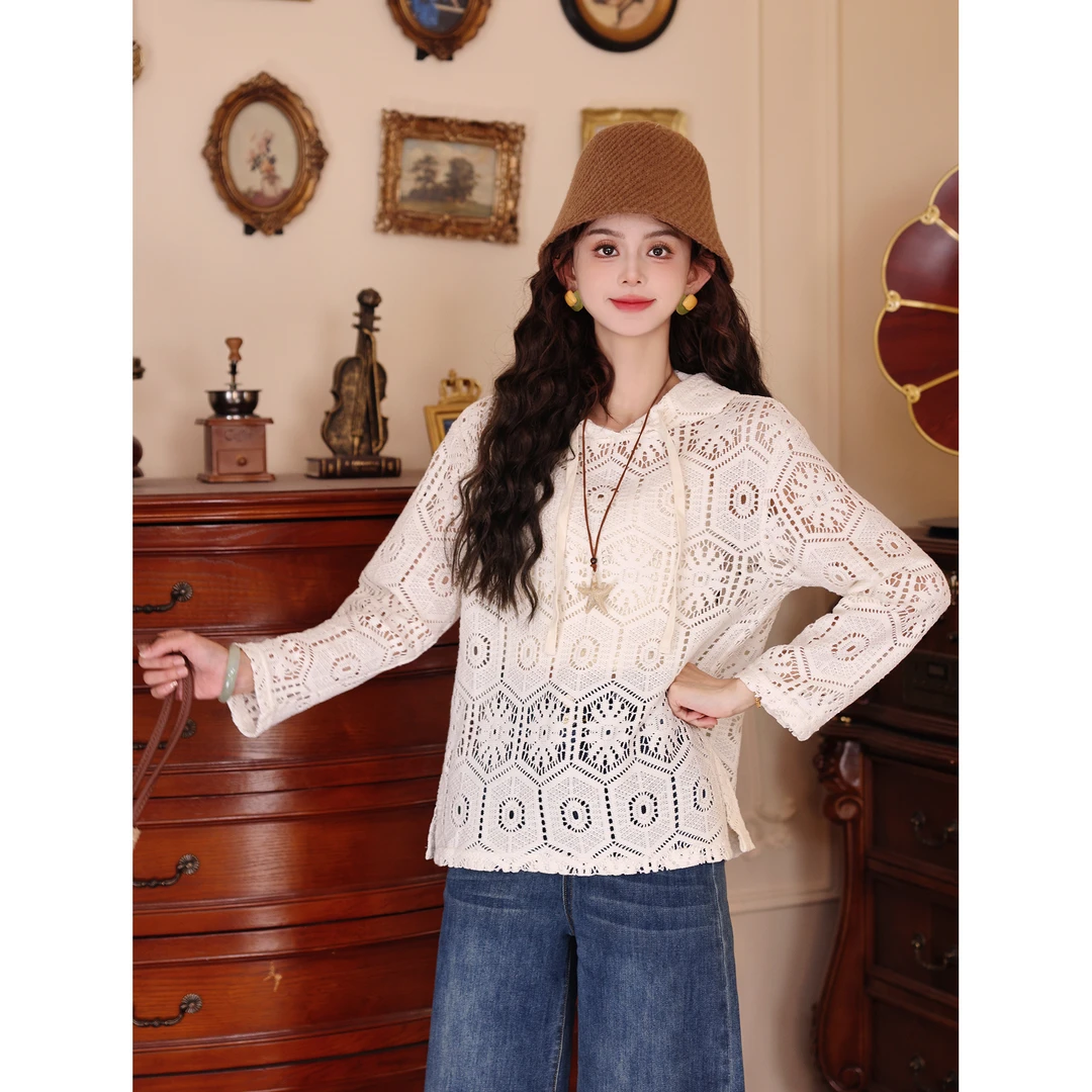 陈大器【霜花织梦】港风复古连帽镂空宽松休闲卫衣上衣JQ5567217