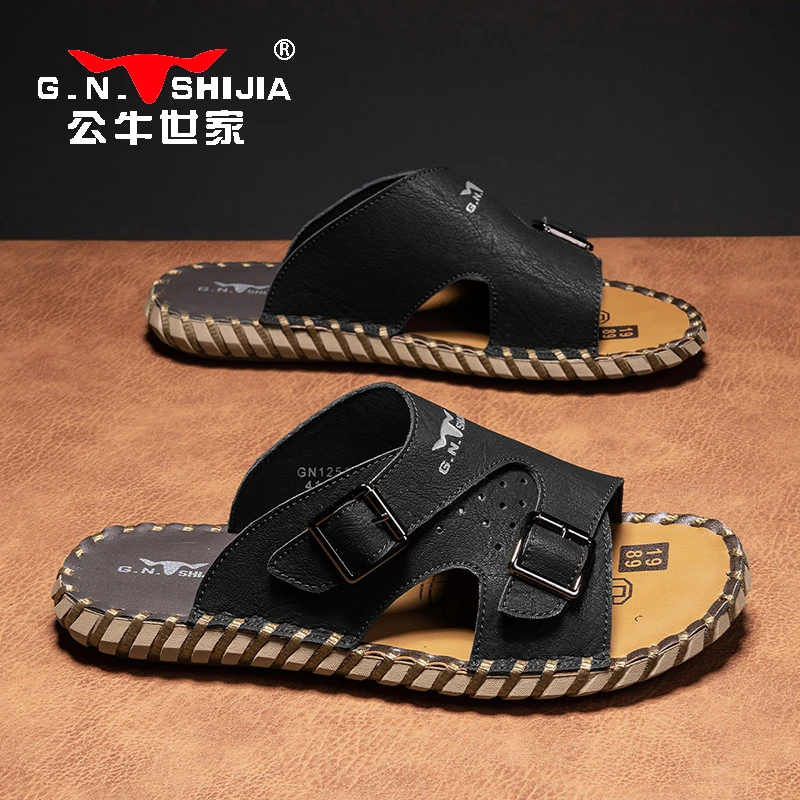 公牛世家男士户外一字拖夏季软底外穿男款凉拖鞋子休闲沙滩拖鞋男