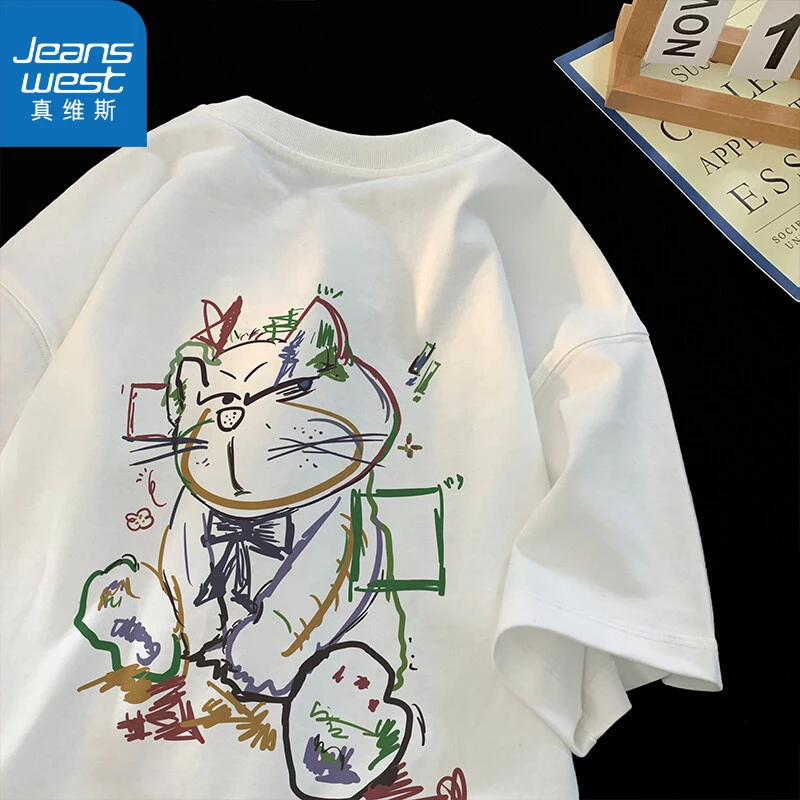 真维斯卡通白色短袖t恤男夏季宽松圆领重磅衣服潮牌美式青少年半