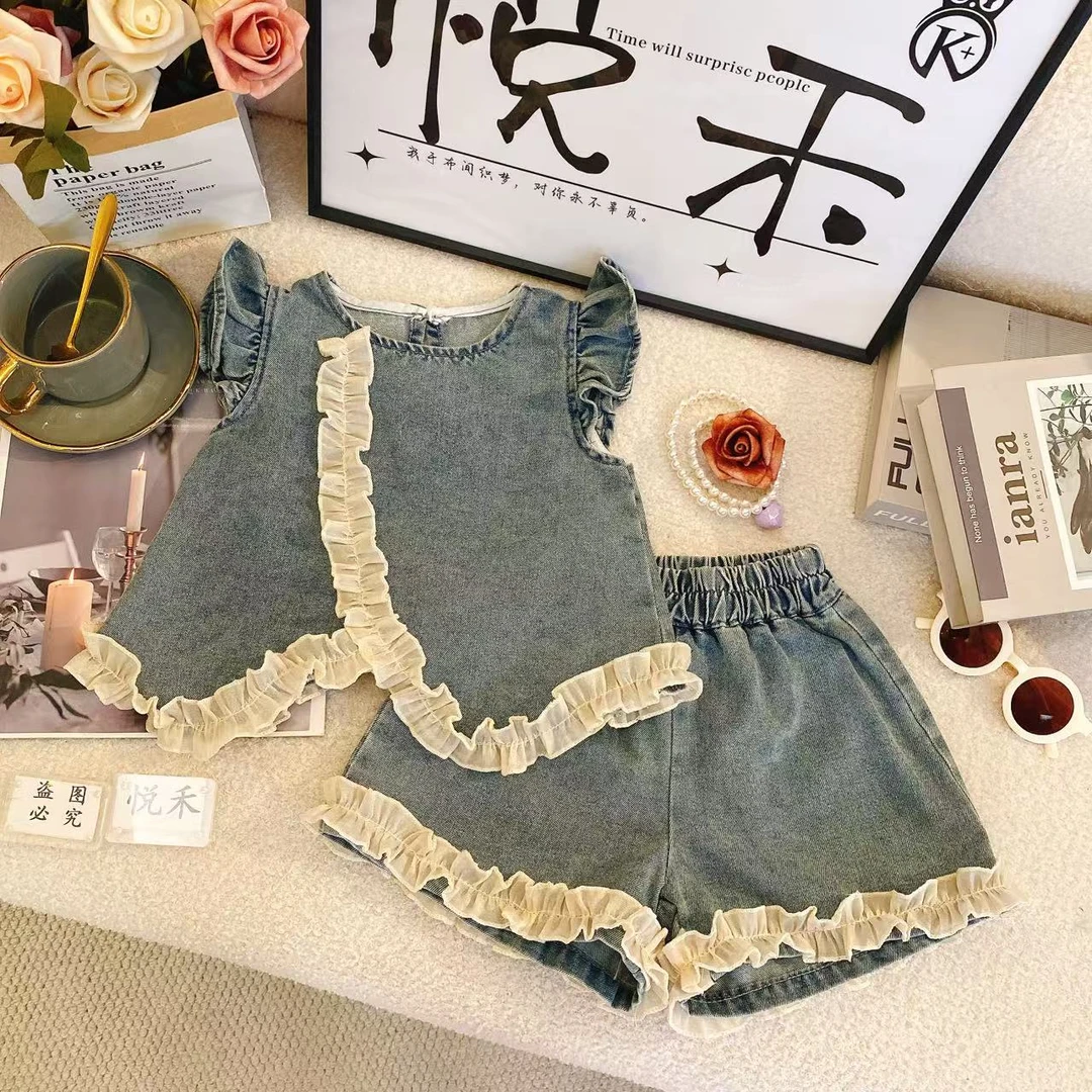 T1【悦禾】新款夏季女童时尚休闲女宝韩版牛仔高级套装80444