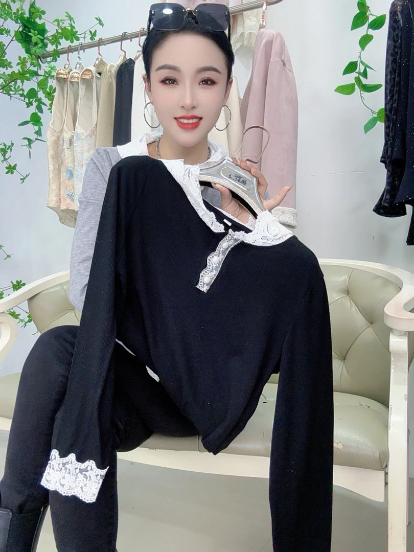 蕾丝拼接连帽衫长袖坑条磨毛T恤女2024春秋新款打底衫上衣