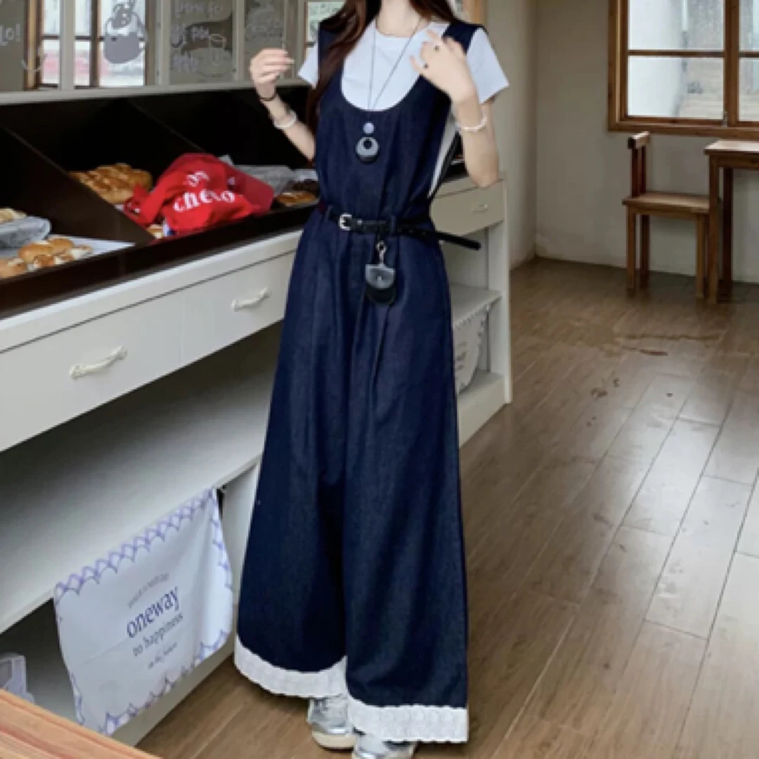 【月姐大码女装】夏季甜酷薄款牛仔背带裤蕾丝拼接配腰包阔腿裤上衣