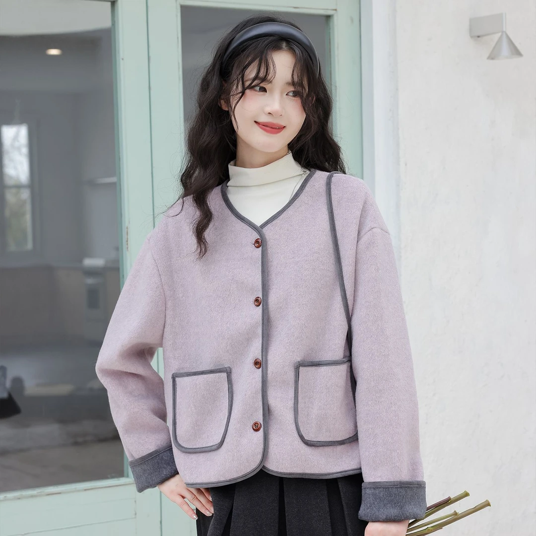 慕兔小香风撞色边毛呢外套女2025冬季新款小个子宽松休闲长袖上衣