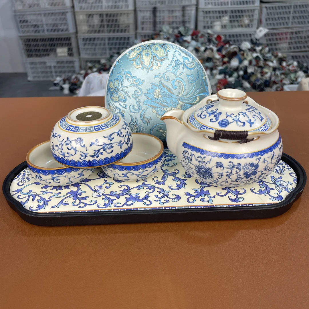 古拙堂景德青花宝瓶手抓宝瓶壶一壶三杯（带茶盘）居家户外便携式