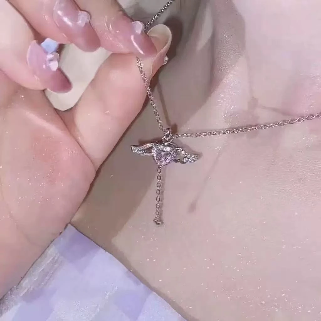 钛钢琉璃项链 粉天使翅膀925项链好看百搭s