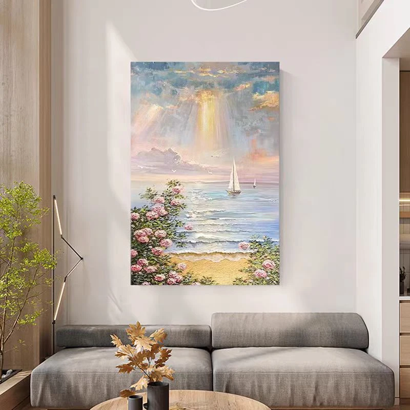 纯手绘油画海上日出风景现代简约装饰画玄关客厅卧室花卉肌理挂画