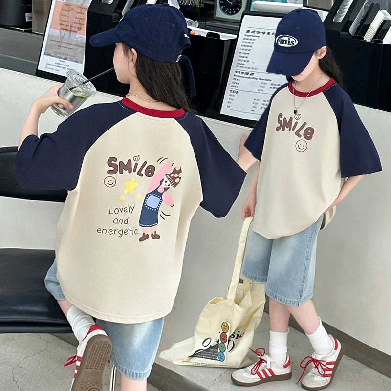 女童夏装套装2025新款韩系12-15岁女孩夏季洋气卡通短袖牛仔中裤