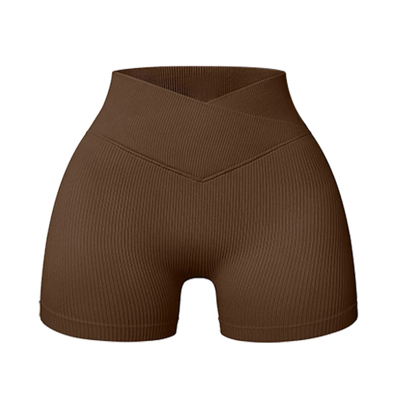 宝顺交叉腰头螺纹无缝高弹三分瑜伽裤健身裤运动跑步瑜伽短裤