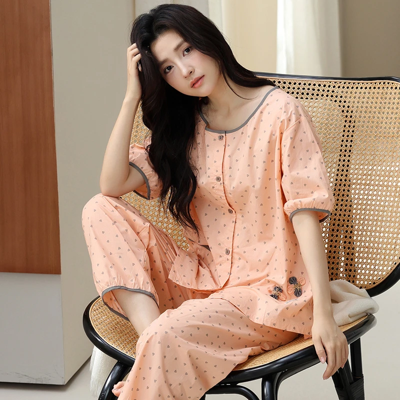 夏季七分袖大码睡衣套装女九分裤家居服云朵棉可外穿薄款休闲可爱