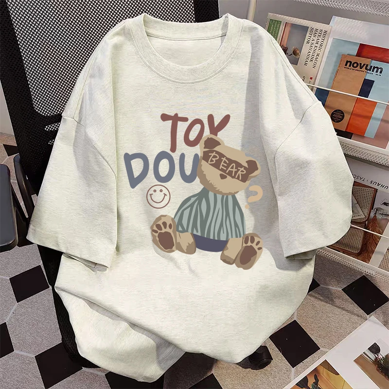 韩版白灰色短袖t恤女2025新款漂亮小衫半袖夏超好看可爱小熊上衣