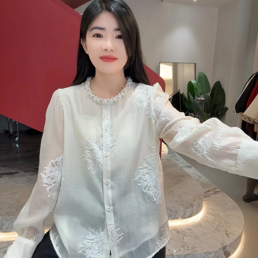 QC 252619 国风重工钉珠圆领设计感别致刺绣长袖衬衫