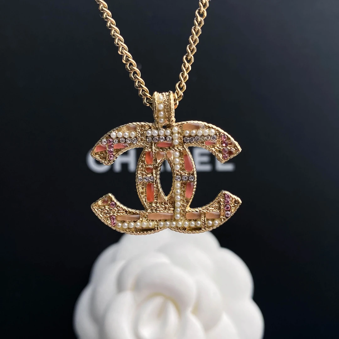 未使用 Chanel/香奈儿 经典双C 粉色logo珍珠镶钻 项链 S5041