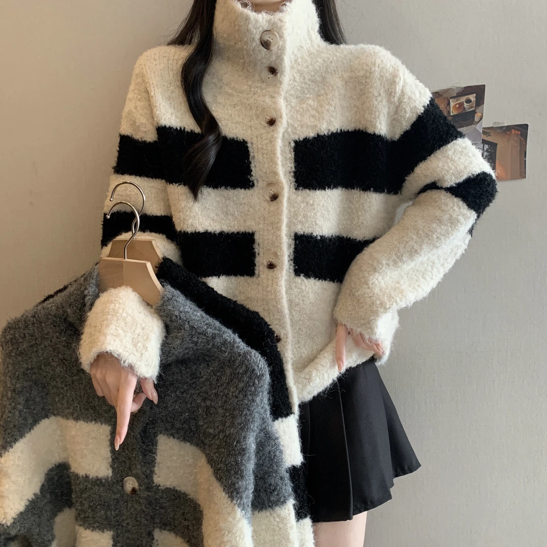 韩版撞色条纹针织开衫女2025秋冬新款宽松慵懒风加厚百搭毛衣外套