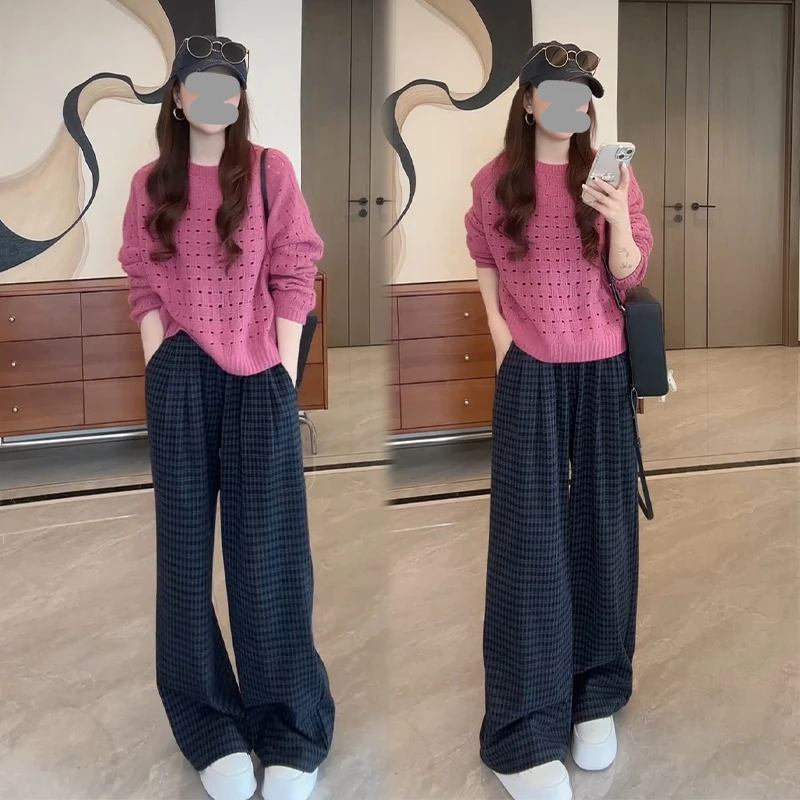 韩版休闲时尚套装女2026春秋新款镂空长袖针织衫格子阔腿裤两件套