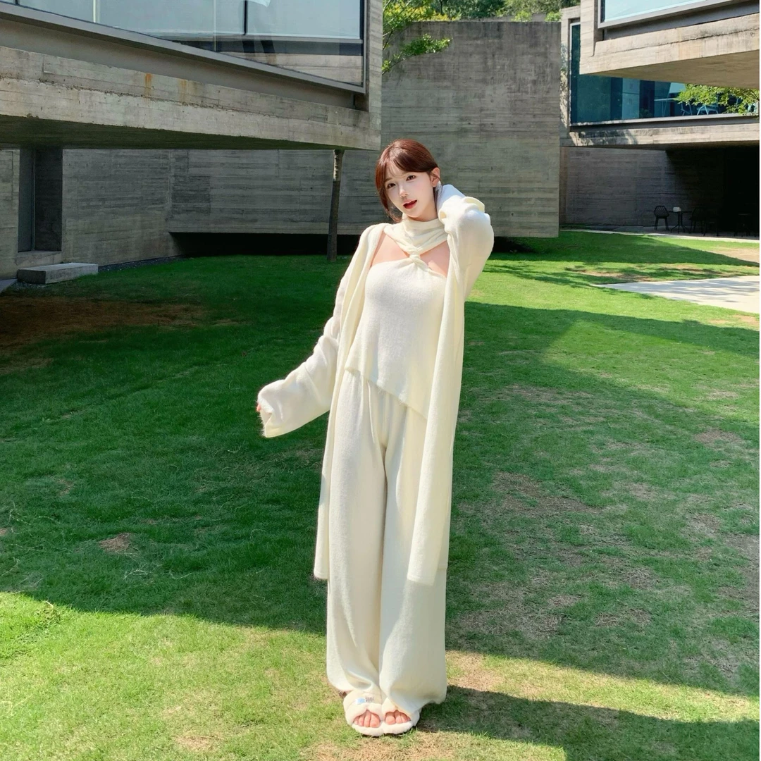 纯欲气质两穿背心针织秋冬外搭针织开衫上衣阔腿长裤子三件套装女